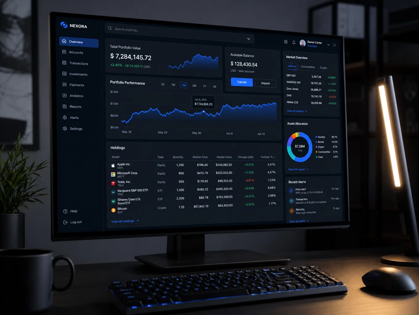 Aethelgard digital finance interface displayed on responsive workstation monitor